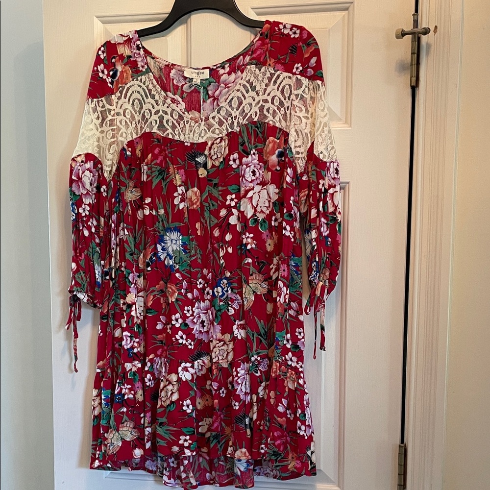 Umgee Floral Lace Yoke Red Women’s Dress